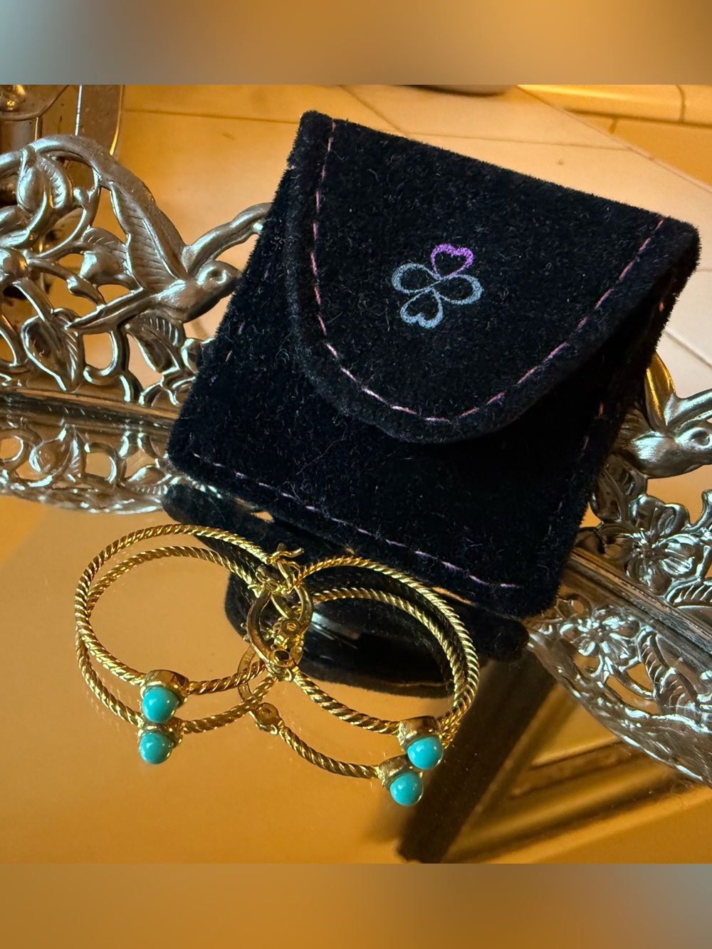 Sterling silver Gold plated Hoop Earrings with Turquoise Bead - Women Jewelry
